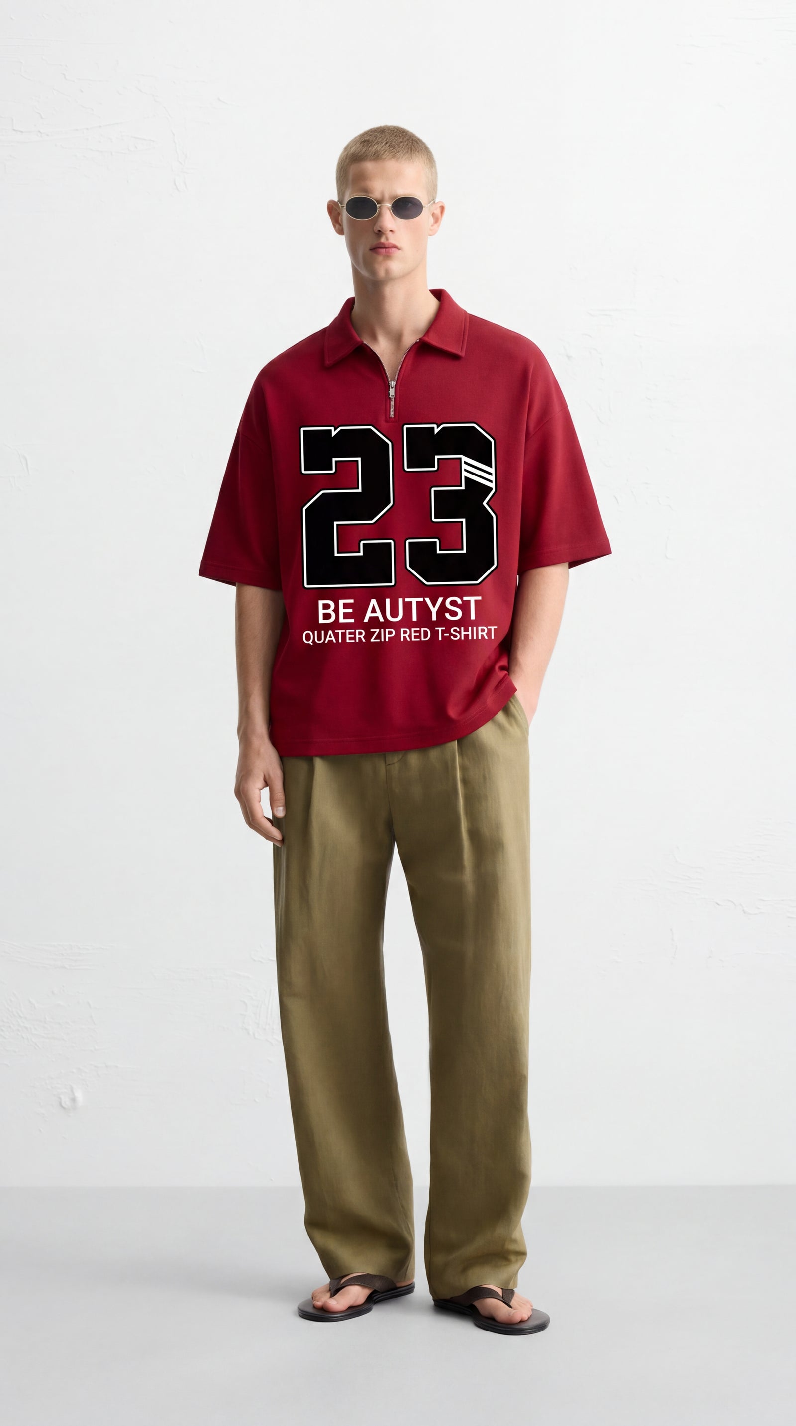 23 Be Autyst Quater Zip Red T-Shirt – model front