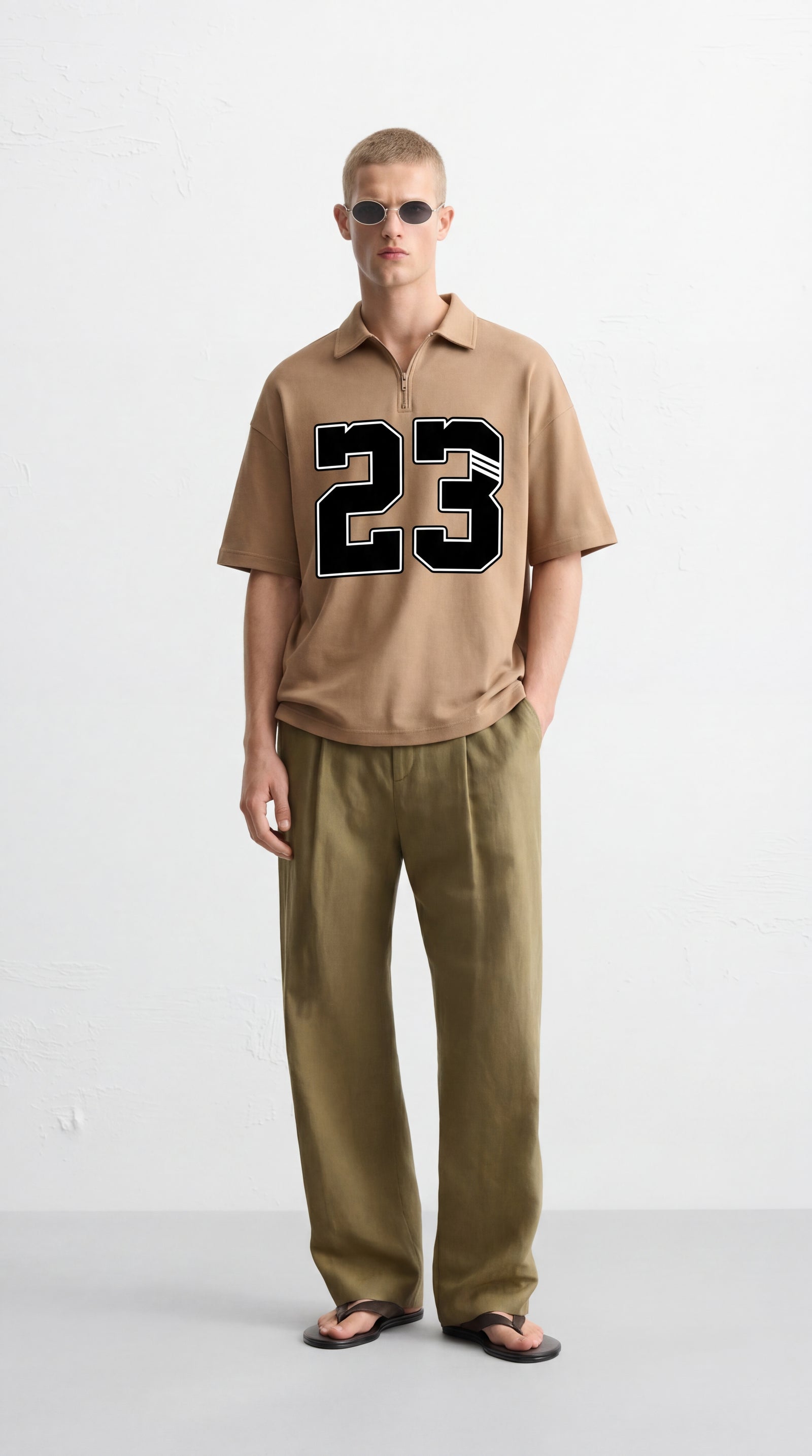 23 Be Autyst Quater Zip Sand T-Shirt – model front