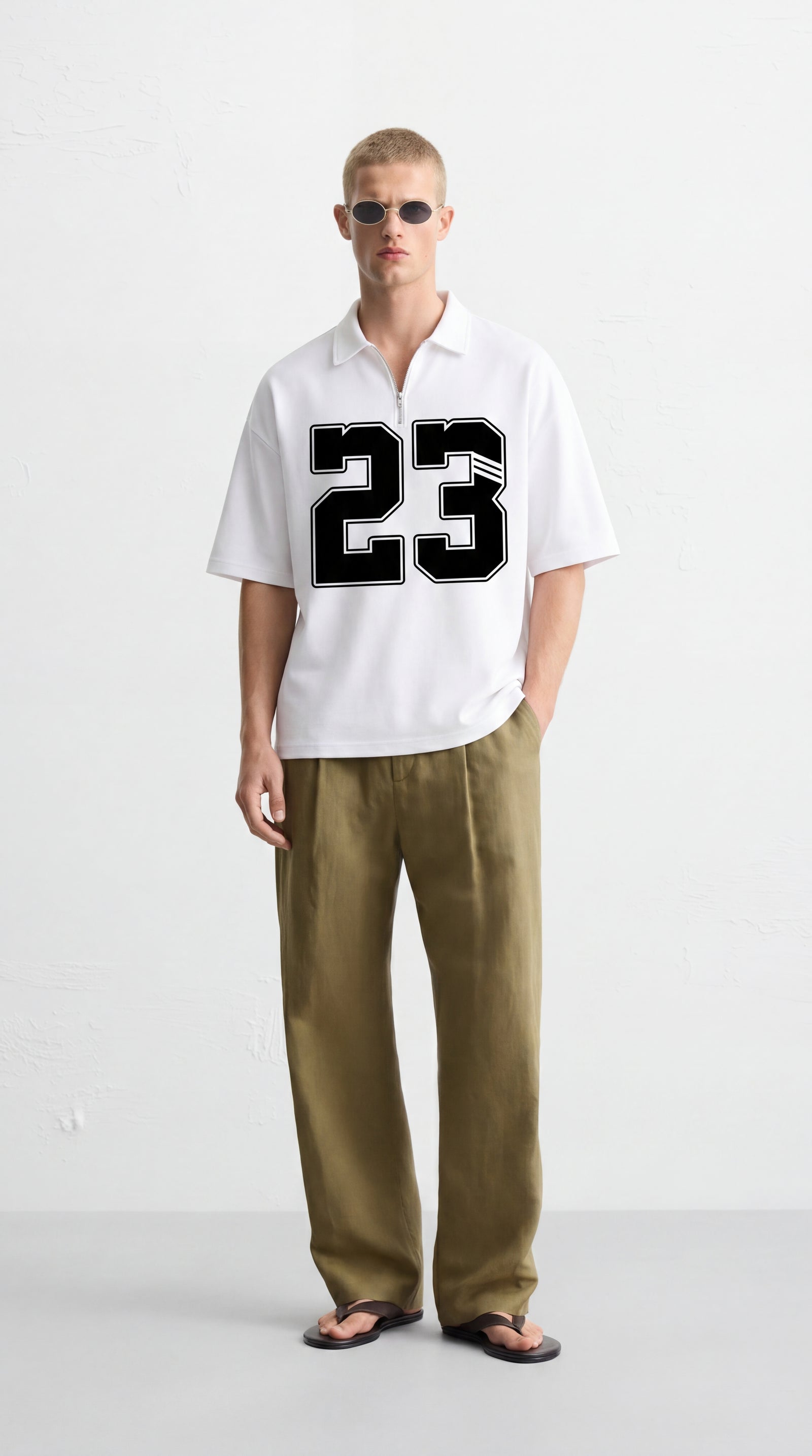 23 Be Autyst Quater Zip White T-Shirt – model front