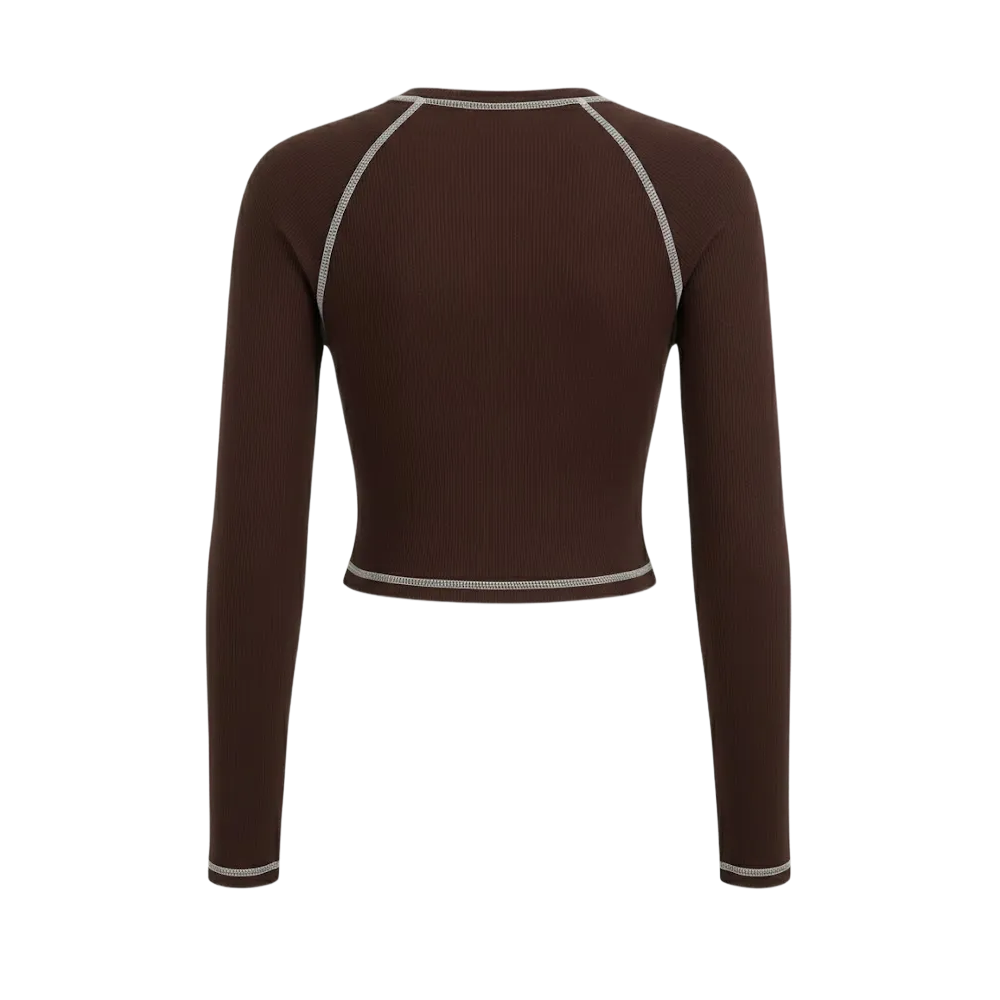 Be Autyst Contrast Thread Dark Brown Top Long Sleeves