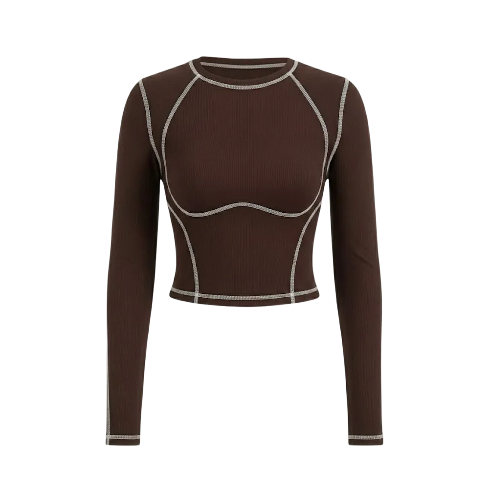Be Autyst Contrast Thread Dark Brown Top Long Sleeves