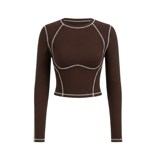 Be Autyst Contrast Thread Dark Brown Top Long Sleeves