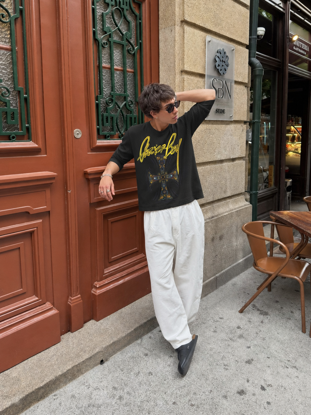 Glacier Boy Black Waffle T-shirt – model front