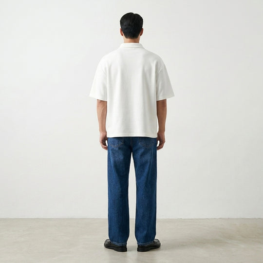 BE AUTYST RAW OVERSIZED MEN POWDER White POLO QUARTER ZIP T-SHIRT