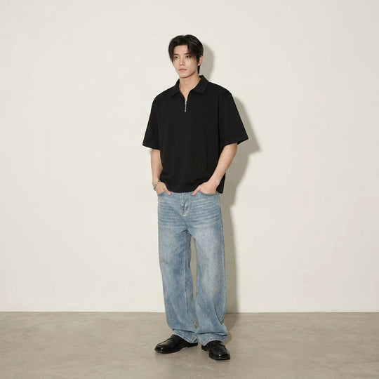 Be Autyst Raw Oversized Men Black Polo Quarter Zip T-Shirt