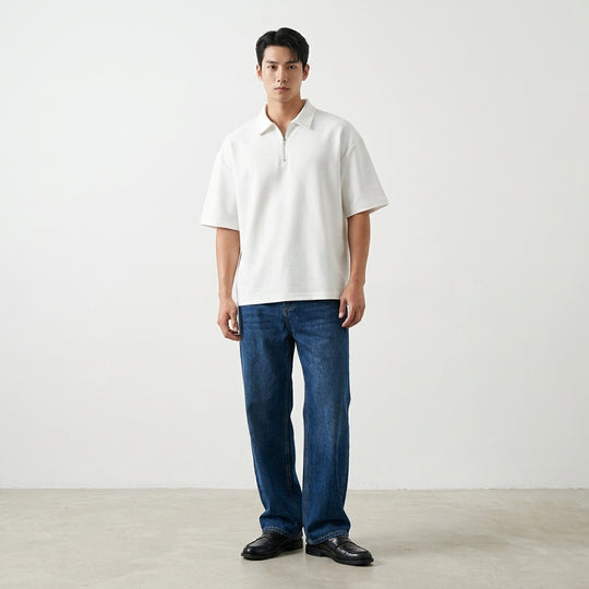 BE AUTYST RAW OVERSIZED MEN POWDER White POLO QUARTER ZIP T-SHIRT