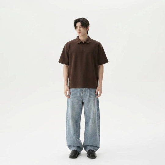 Be Autyst Raw Oversized Men Dark Brown Polo Quarter Zip T-Shirt